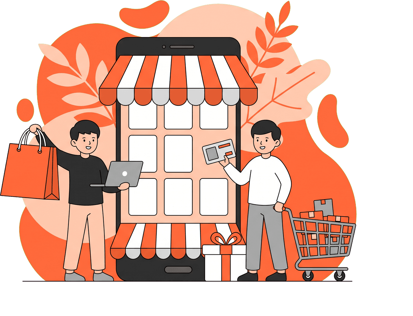 Two people stocking an online store on a giant smartphone, with a bag, gift and cart