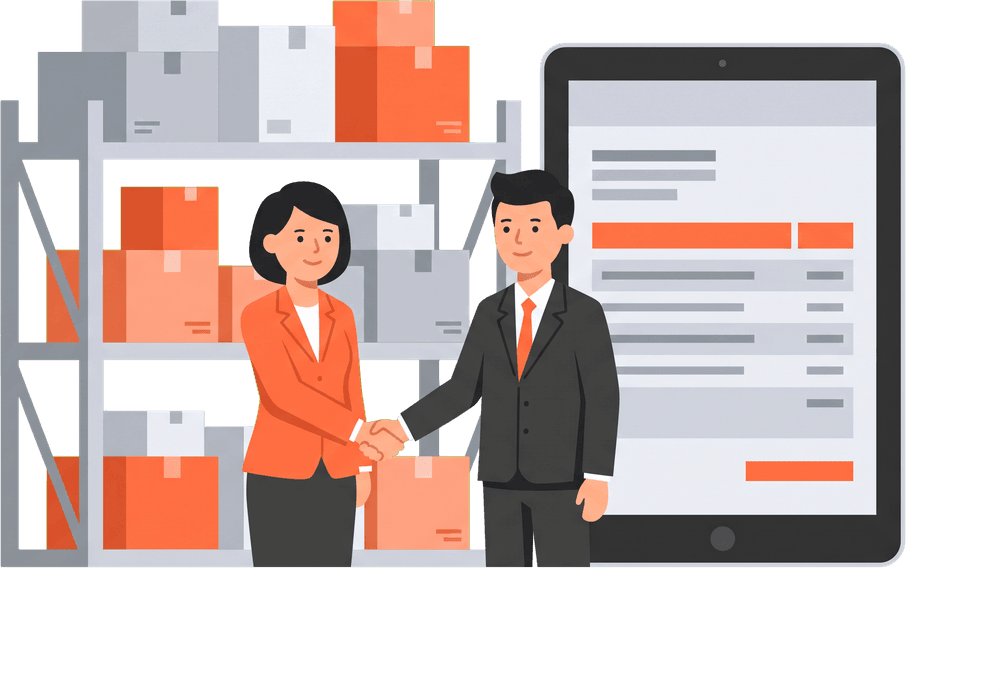 Two business people shaking hands beside stacked stock boxes