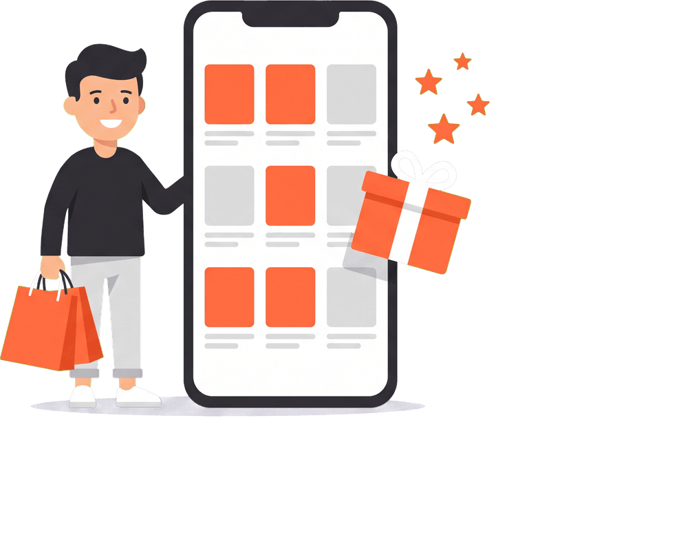 A shopper with bags next to a phone showing product tiles