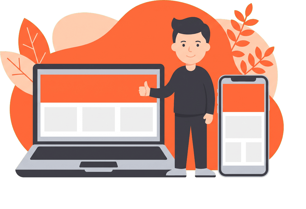 Illustration of a person between a laptop and a phone showing the same website