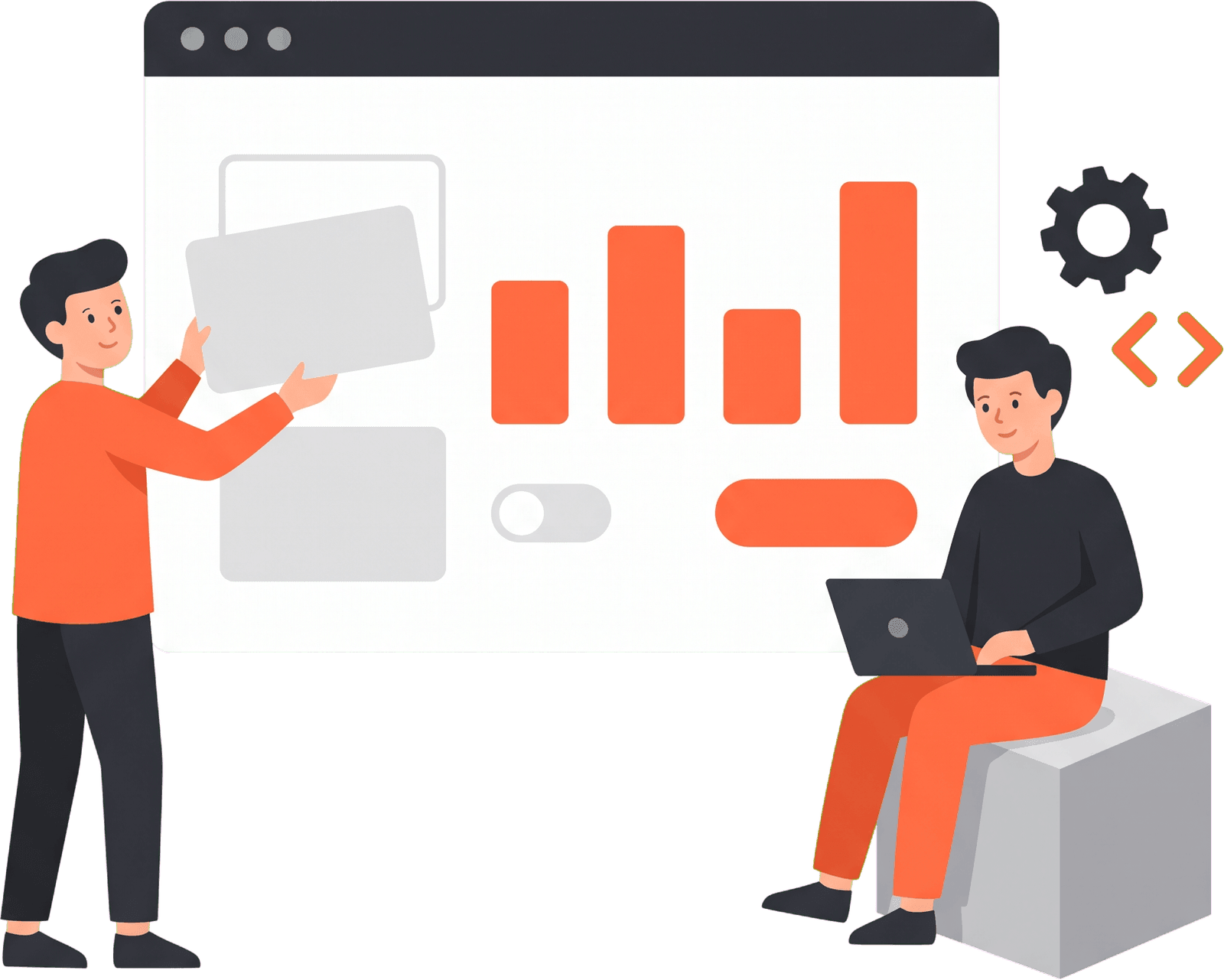 Illustration of two developers assembling a web app dashboard inside a giant browser window