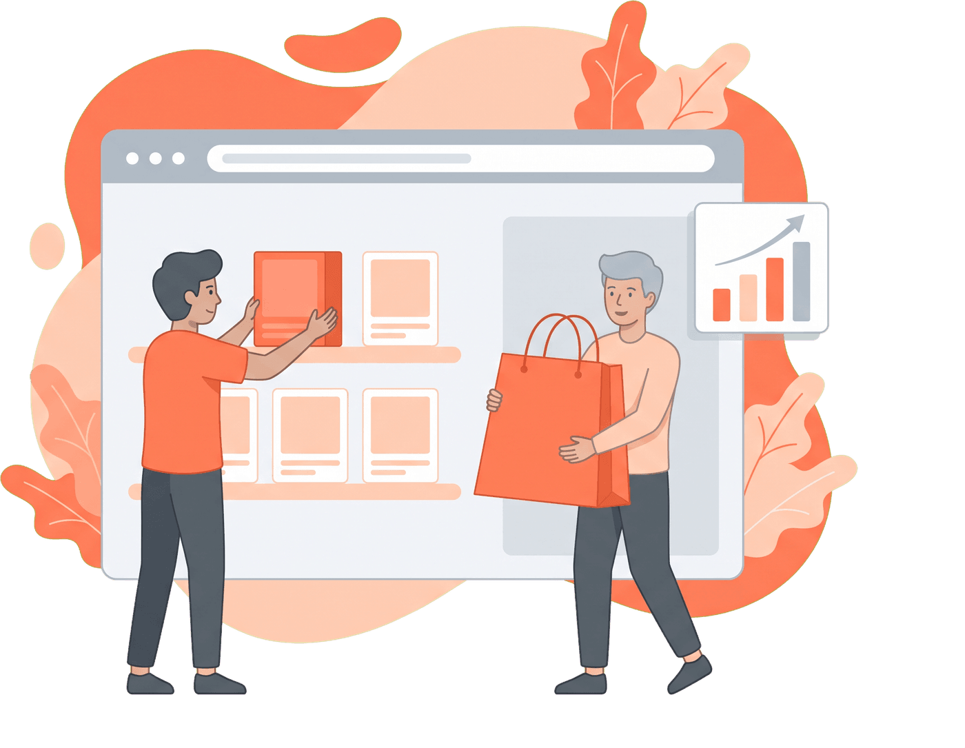 Illustration of two people stocking an online shop inside a giant browser window