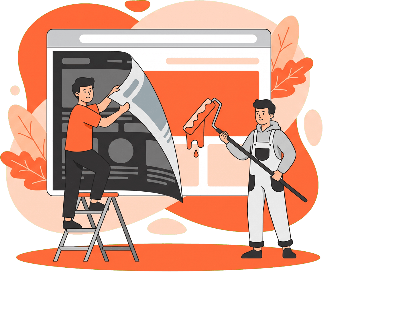 Illustration of two designers peeling away an old website layout to reveal a fresh new design