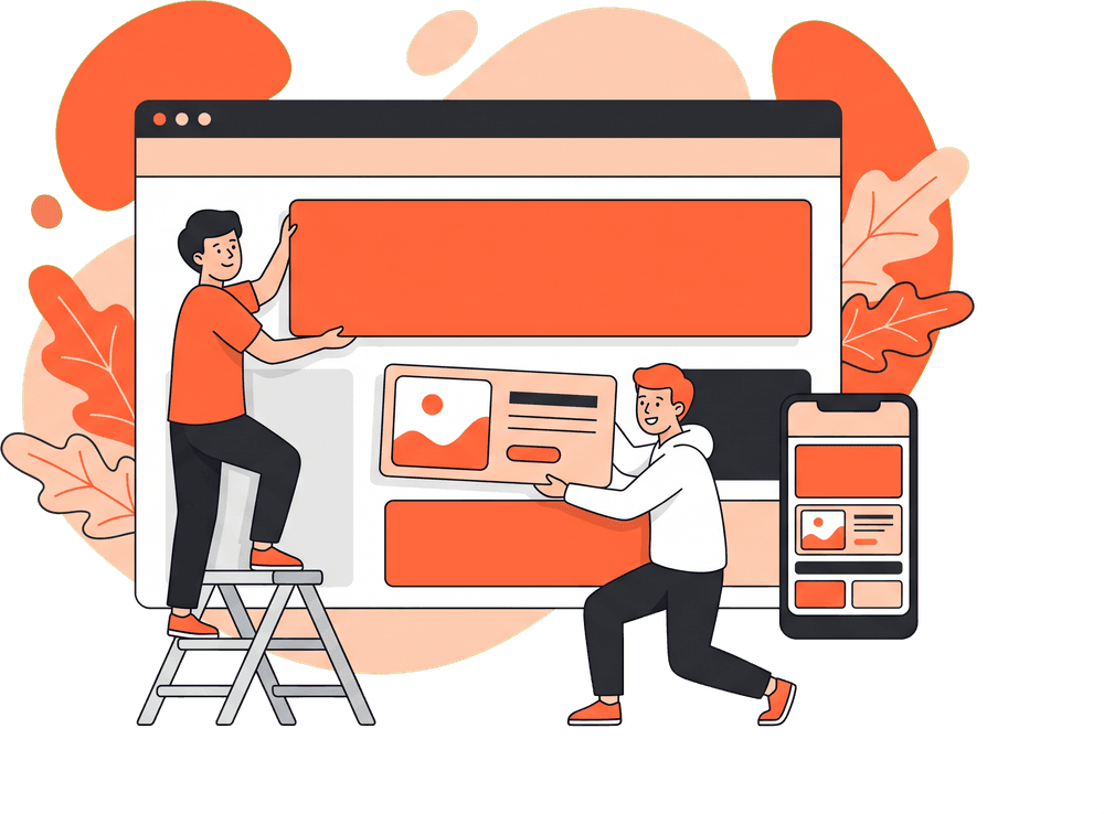 Illustration of two people assembling a company website inside a giant browser window