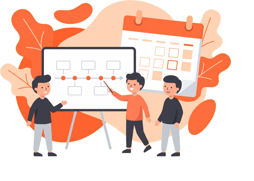 A small team planning a timeline on a board