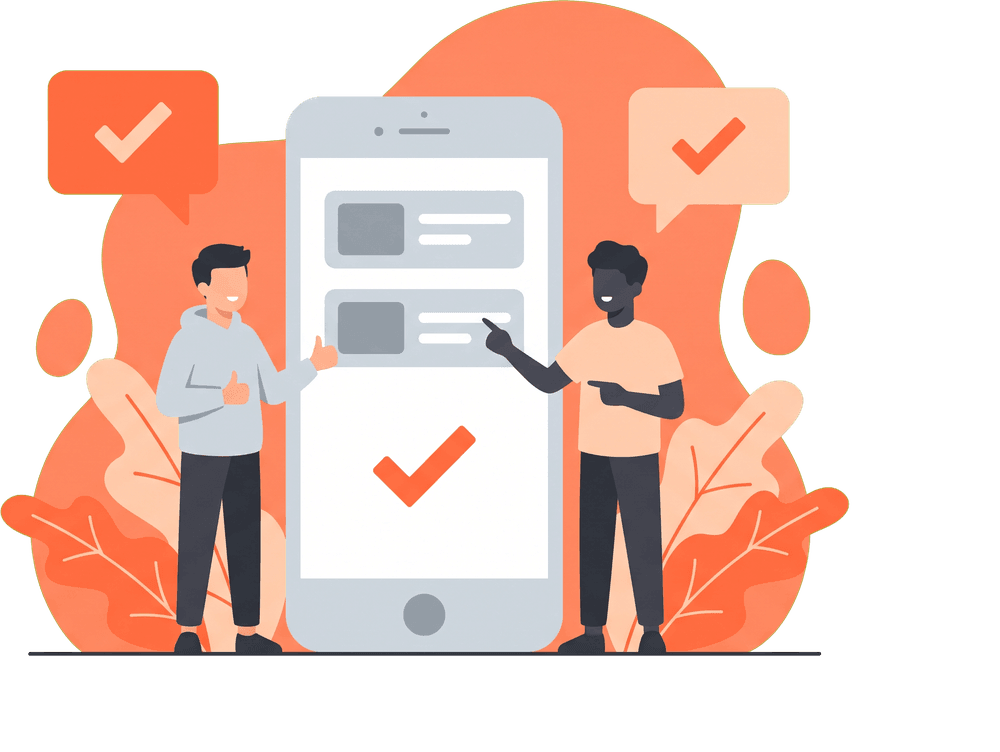 A client giving a thumbs up while testing an app on a phone