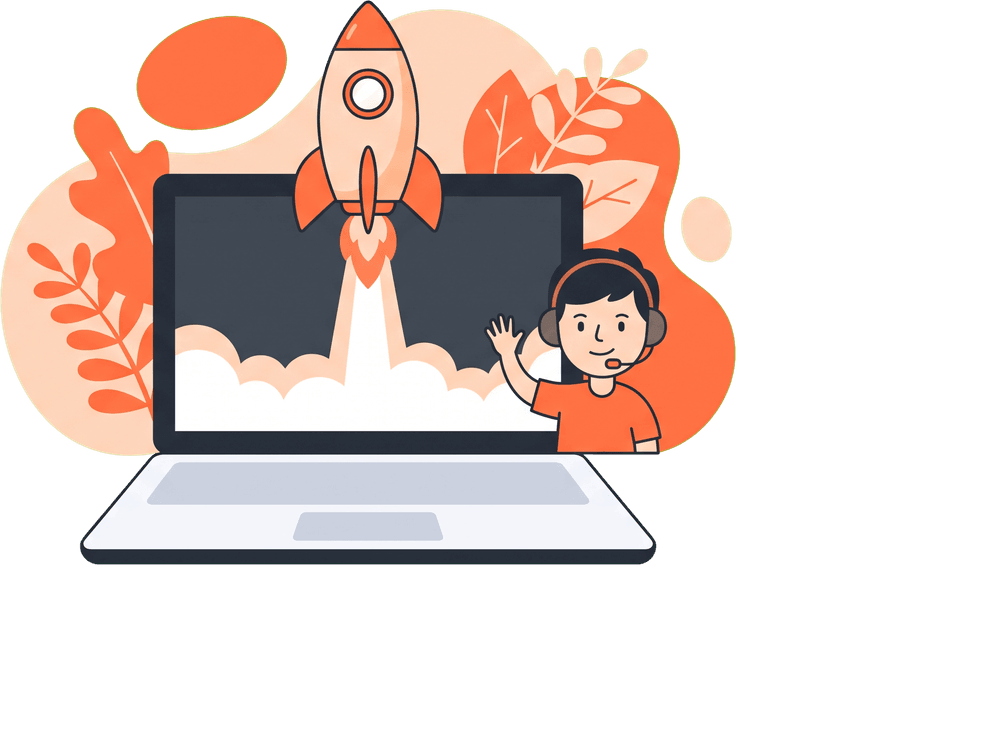 A rocket launching from a laptop next to a support agent