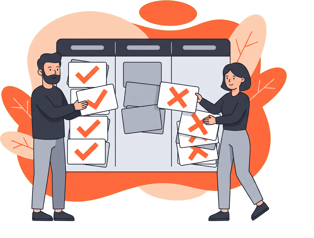 Illustration of two people sorting cards into keep, change and remove columns