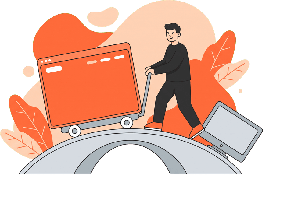 Illustration of a person moving a new website across a bridge, leaving the old one behind