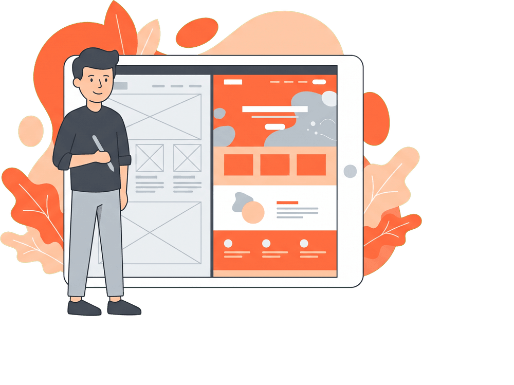 Illustration of a designer beside a tablet showing a wireframe and a finished page design