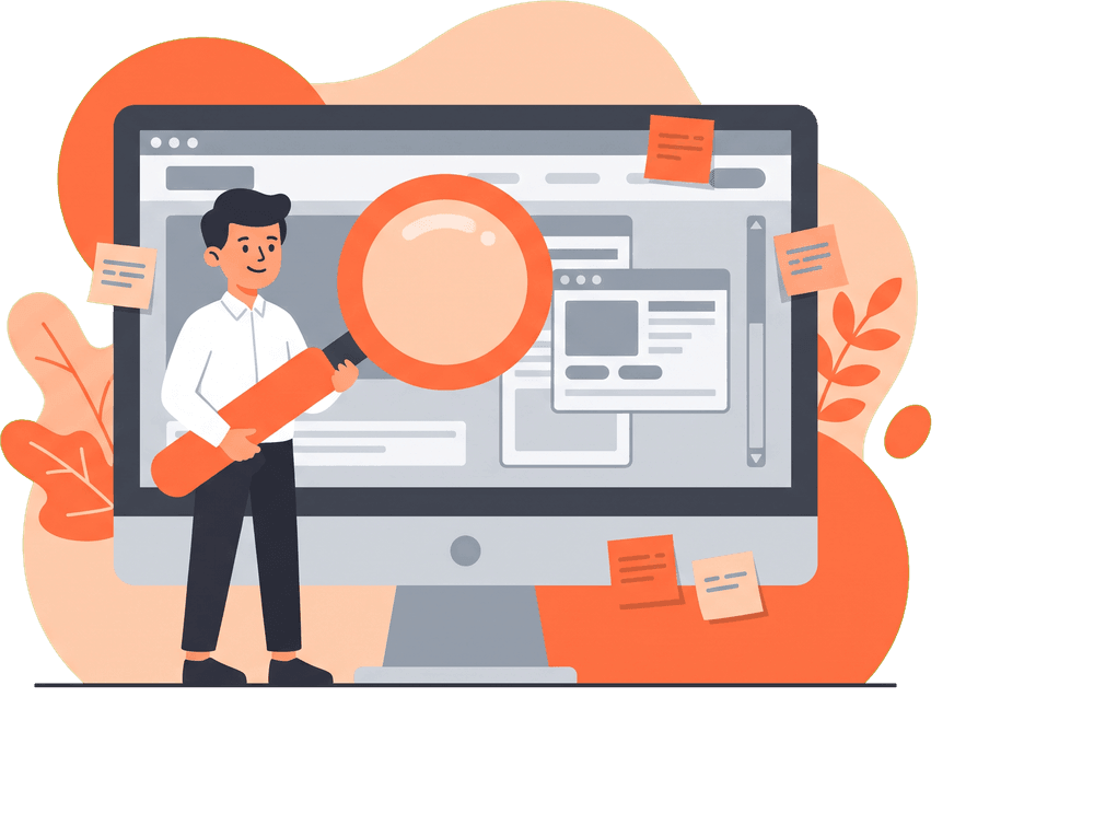 Illustration of a person inspecting an old website with a magnifying glass