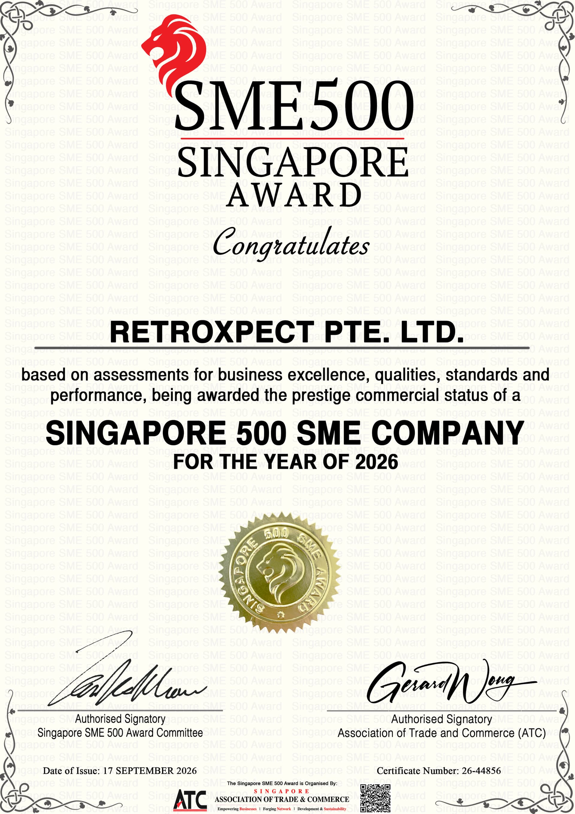 Singapore SME 500 Award 2026 certificate awarded to retroXpect Pte. Ltd.